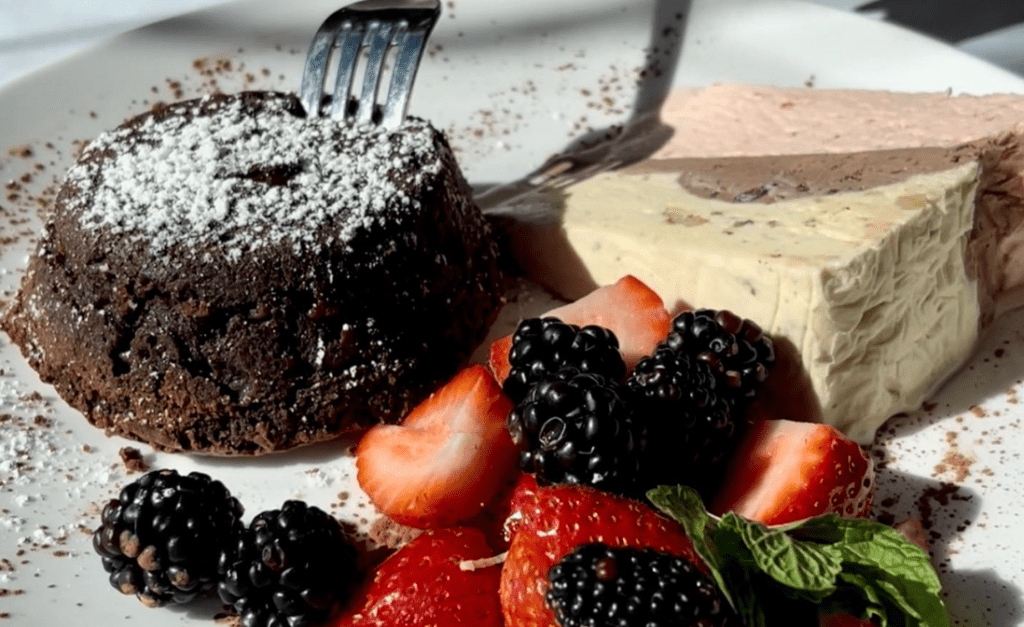 chocolate dessert and berries at Vivace Restaurant in Tucson